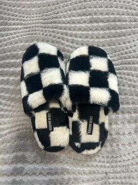 Steve Madden Checkerboard Fuzzy Slide Slippers - Black & White
